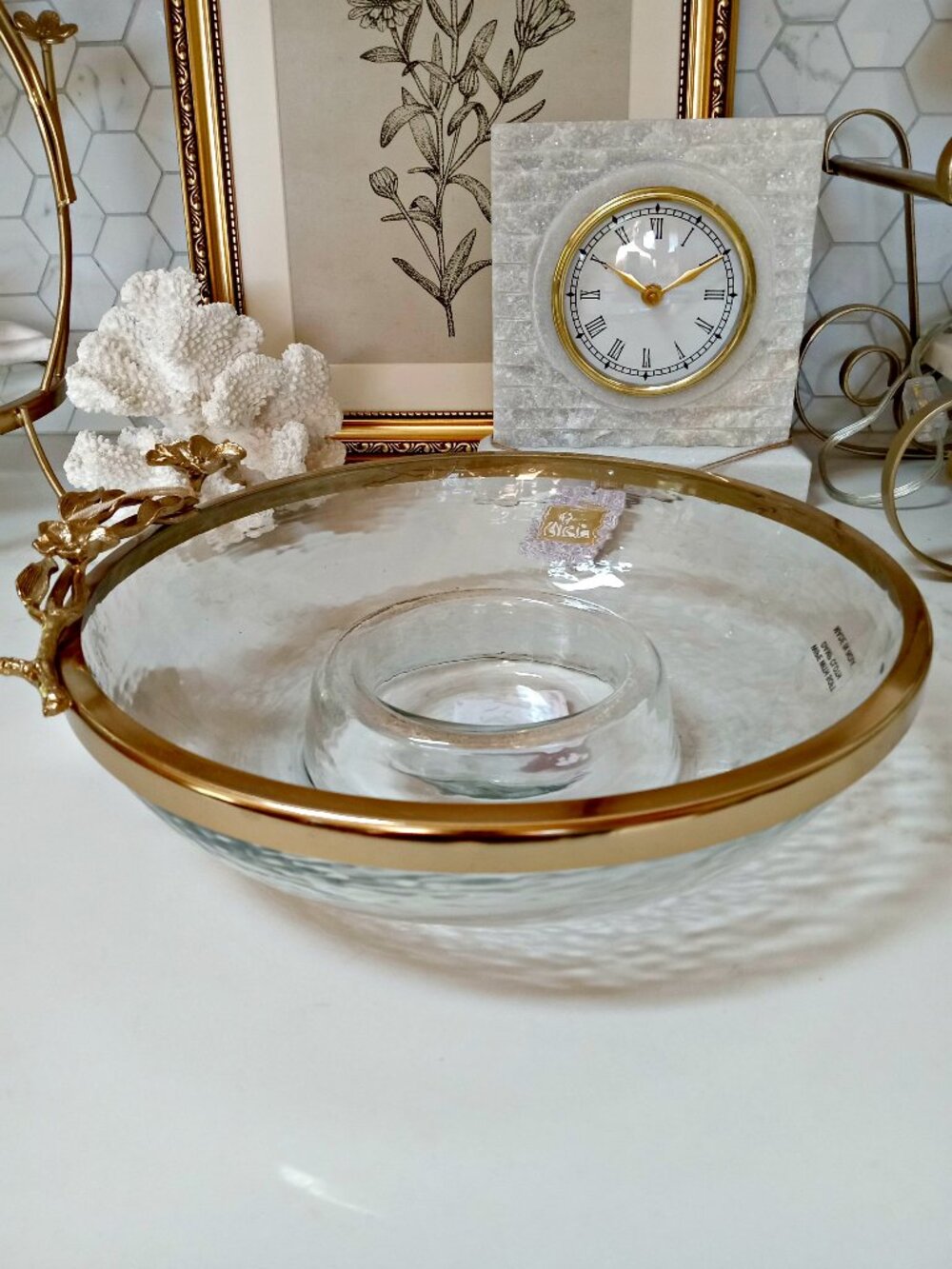NEW! CAST METAL FLORAL & GLASS CHIP & DIP SHRIMP BOWL